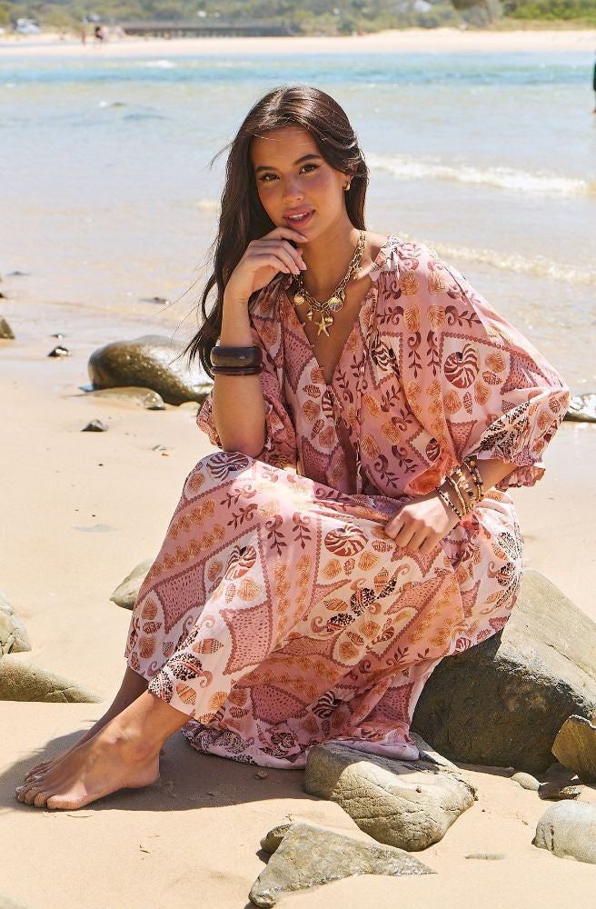 Jaase Tahitian Print Bree Maxi Boho Style Kaftan Dress Seashell Pattern Pink Colour Tonketti