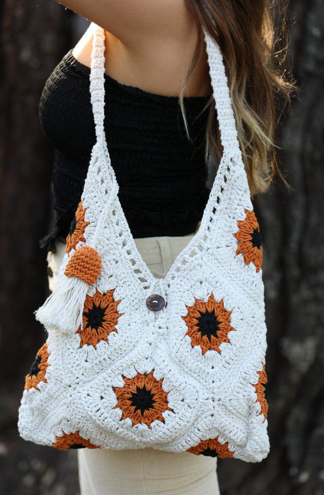 Sunflower Bag, Vintage Boho Crochet Style