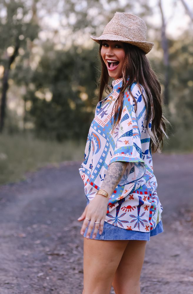 Lorelei Shirt, Side View Patchwork Palm Tree Print