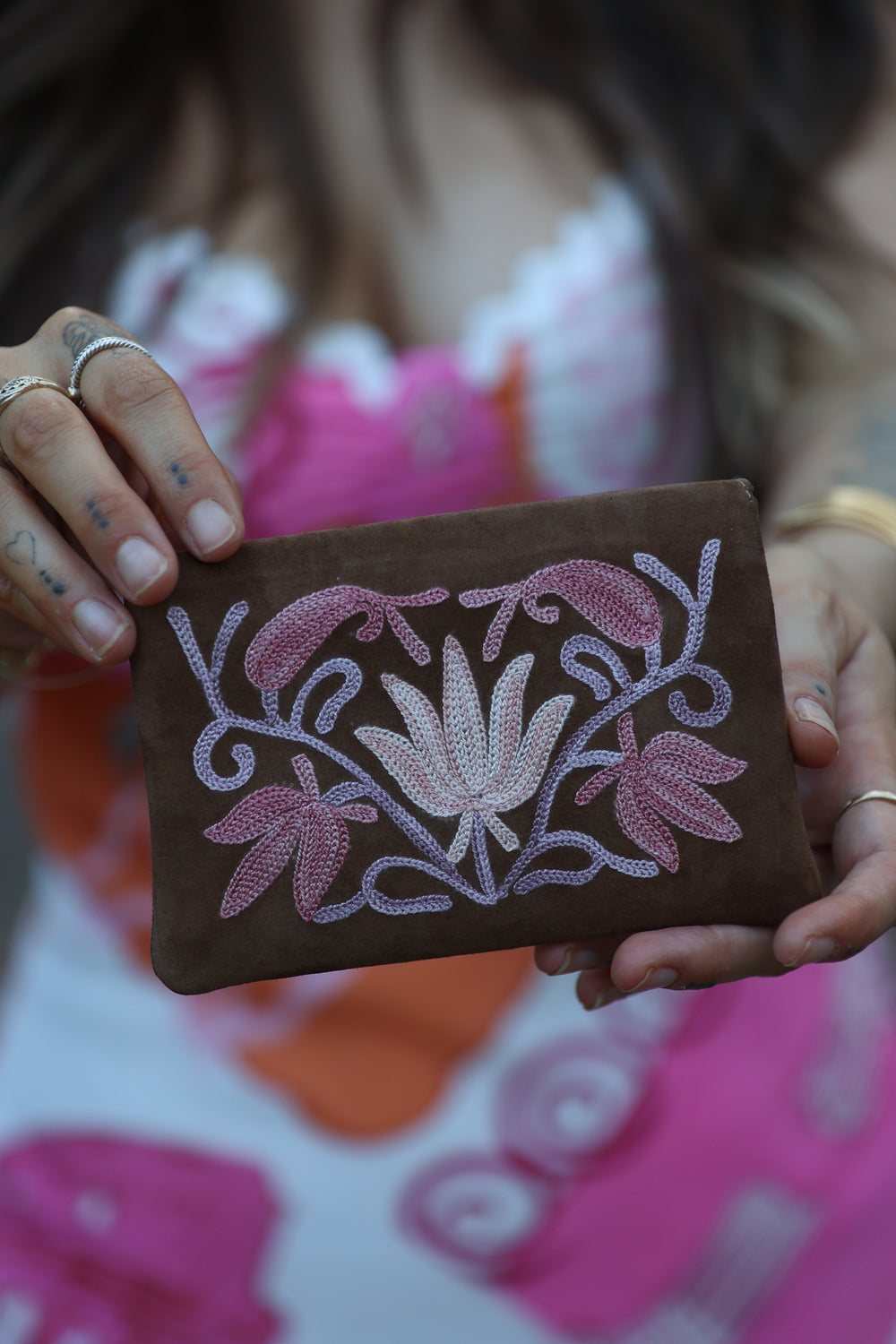 Boho Bloom Coin Purse - Beige Pastels, Rear View Embroidered