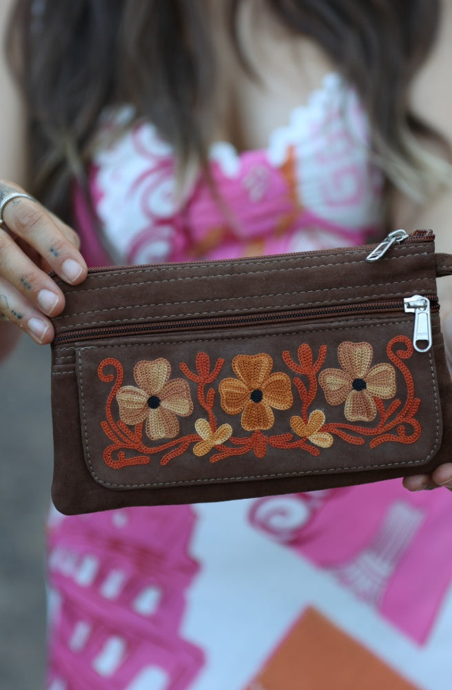 Boho Bloom Pouch - Choc Orange, Boho Suede Wallet Clutch