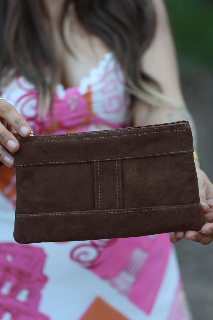 Boho Bloom Pouch - Choc Pink, Suede with Pink Floral Embroidery