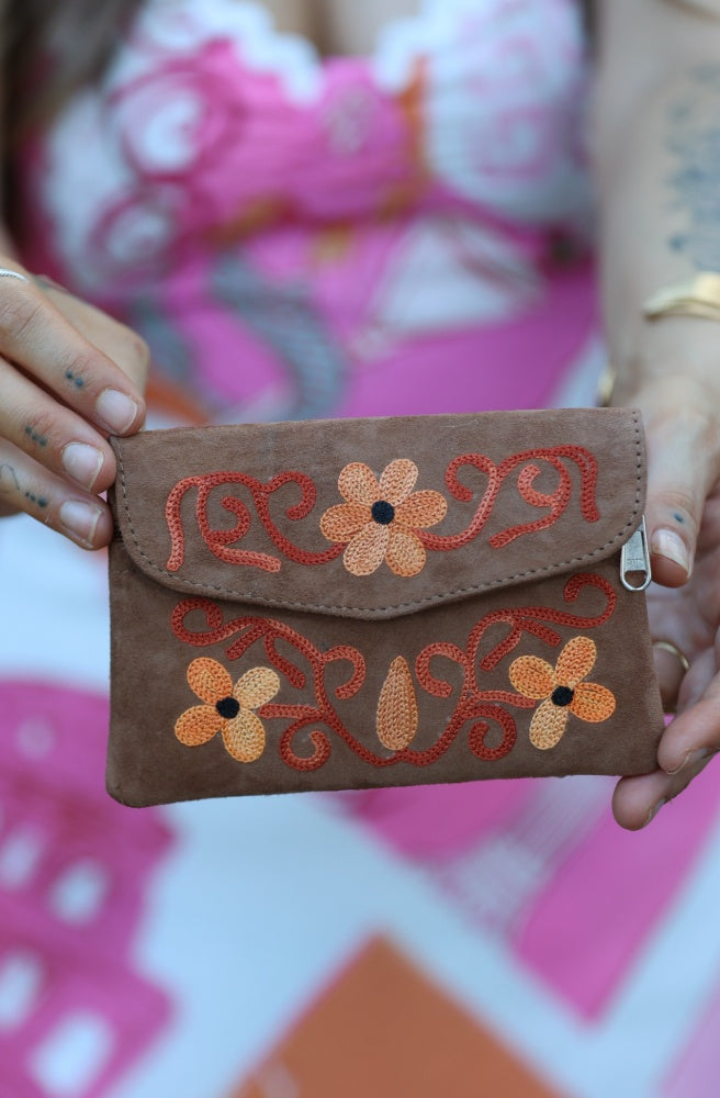 Boho Bloom Coin Purse - Beige Orange Rust, Front View Suede Leather