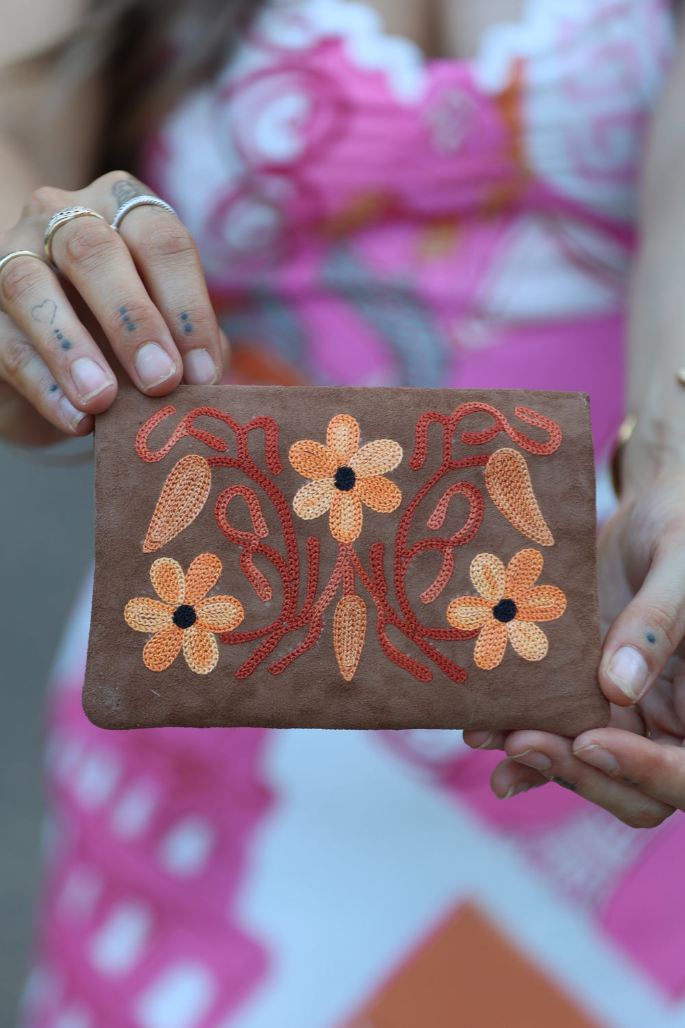 Boho Bloom Coin Purse - Beige Orange Rust, Rear View Embroidered Floral Design