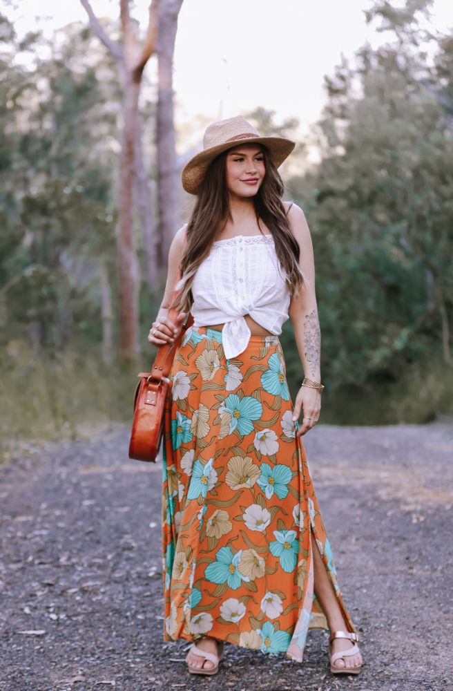 Jaase Aqua Fields Print Rocky Maxi Skirt, Retro Floral Design