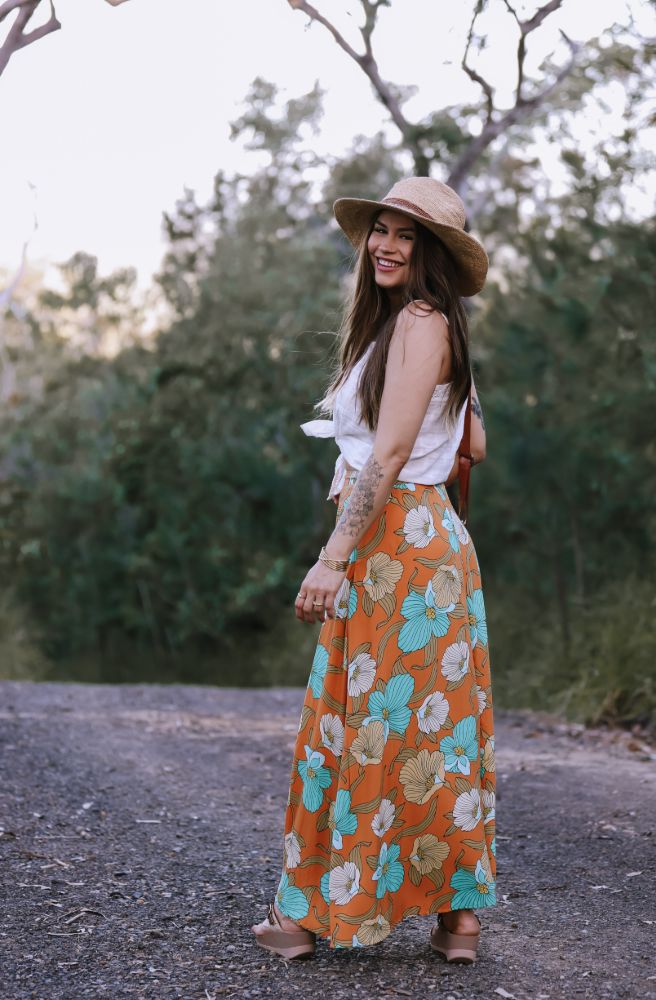 Jaase Aqua Fields Print Rocky Maxi Skirt, Orange Aqua  Floral Side View