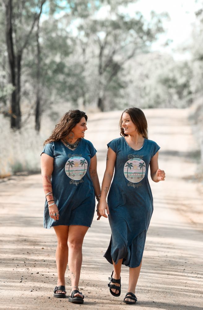 Road Trippin Tee Mini Dress, Blue and Green Colour