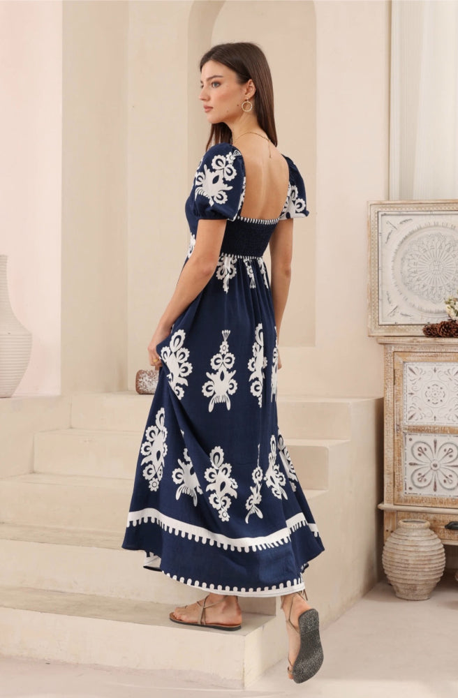 Navy Nero Bella Maxi Dress - Puff Sleeves, Rear View