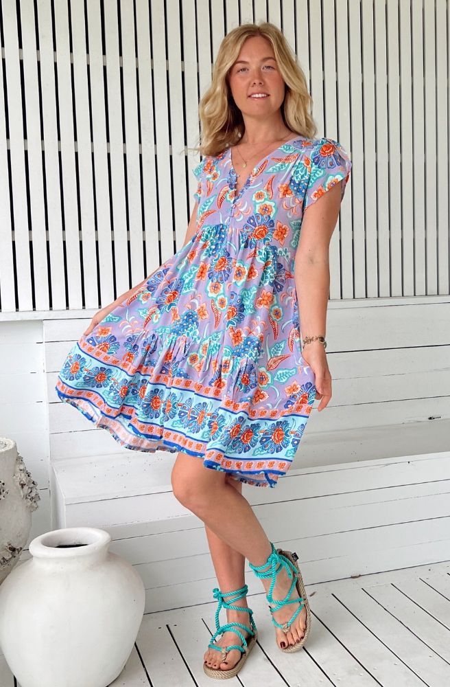 Jaase Daydreamer Print Tracey Dress, Capped Sleeves and Large Ruffle Hem