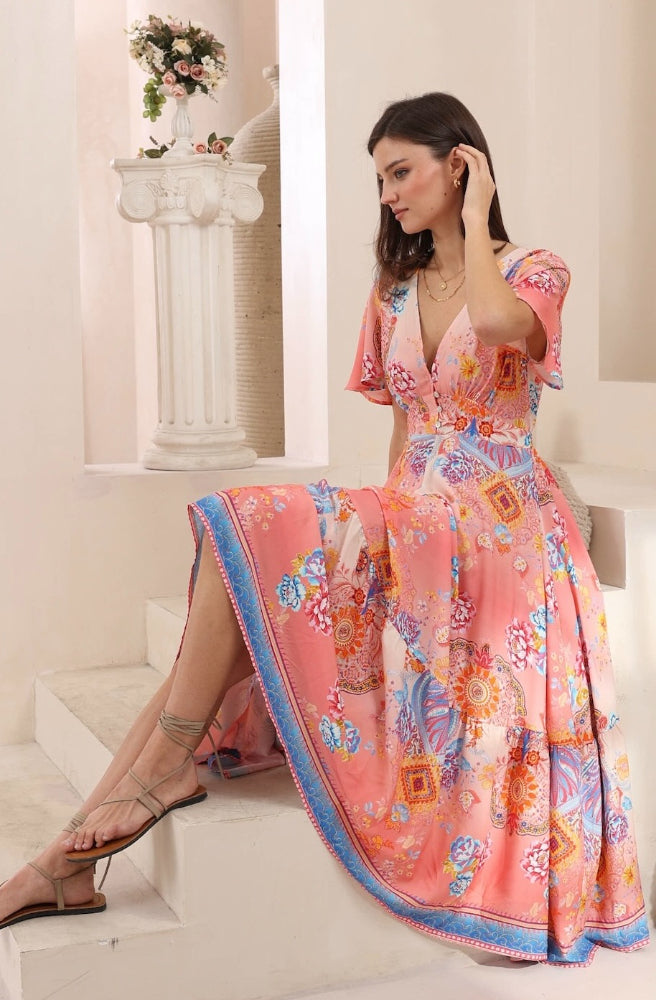 Inaya Flutter Maxi Dress, Peachy Whimsical Print Empire Waist