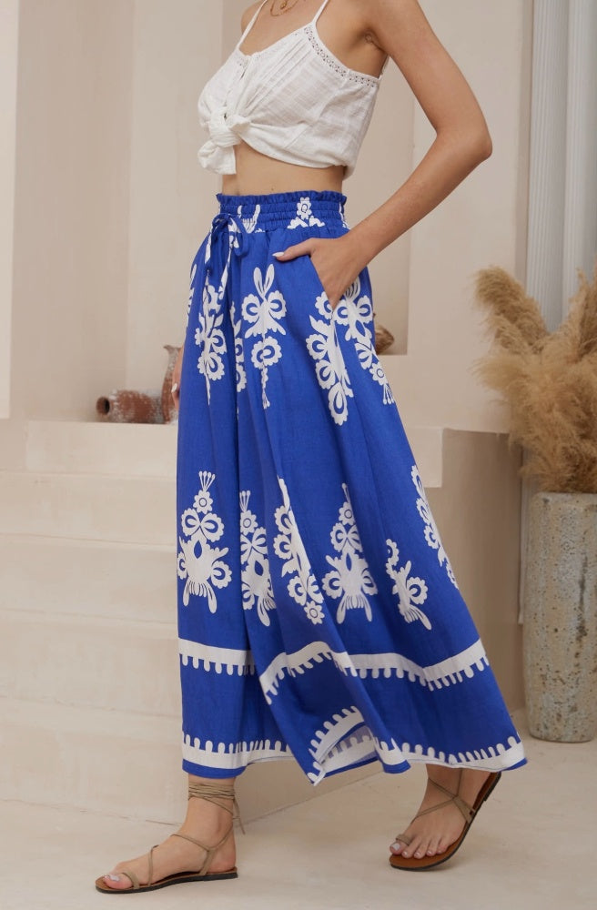 Blue Nero Maxi Pants, Boho Style Wide Leg