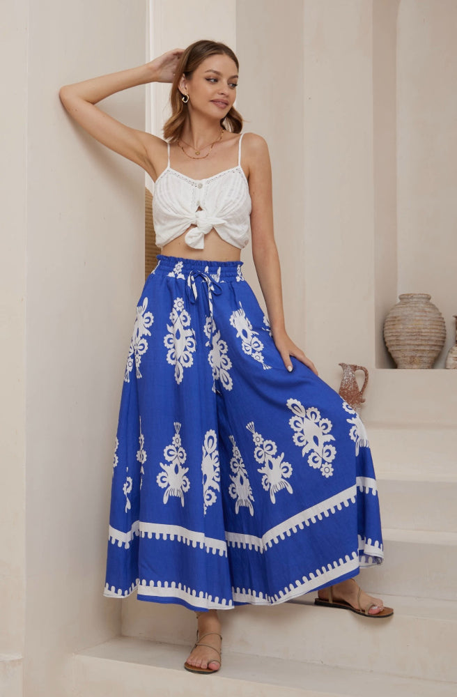 Blue Nero Maxi Pants, Wide Leg Boho Style