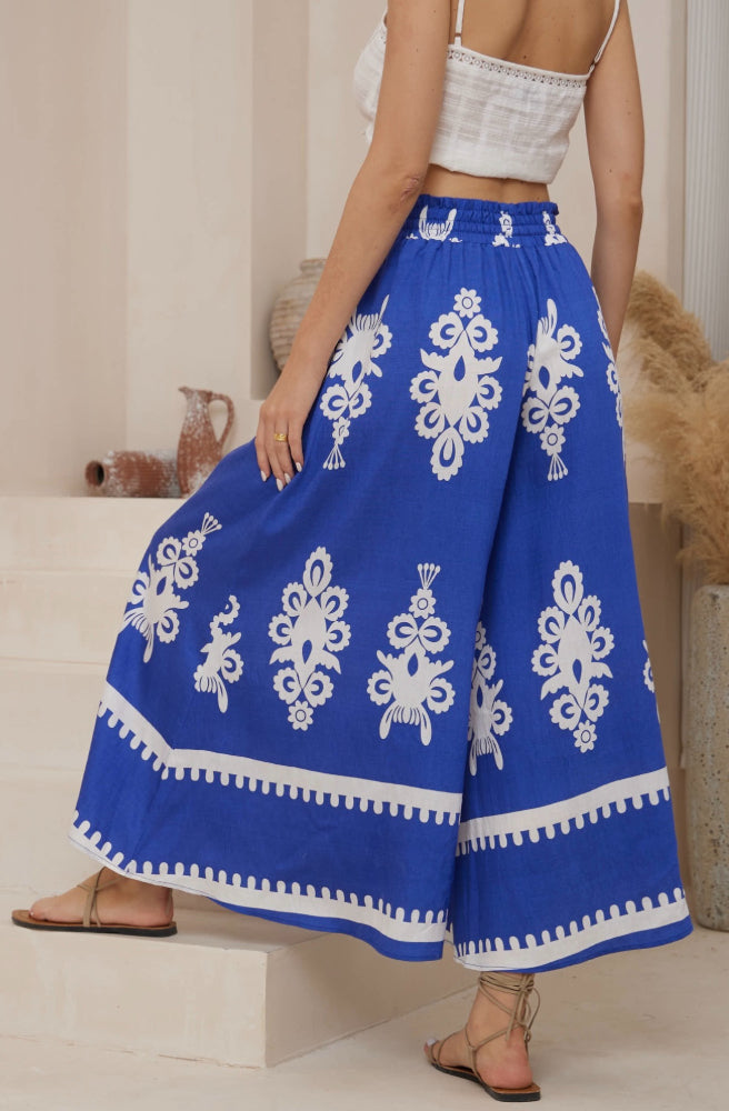 Blue Nero Maxi Pants, Rear View Bold Print