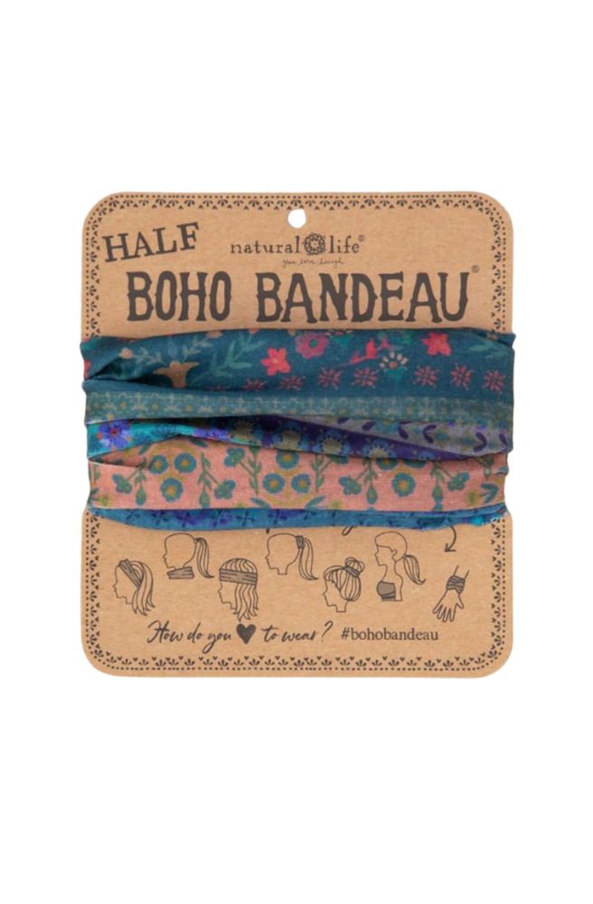 Boho Bandeau Half Folk Floral Border, Bohemian Stretch Knit Headband