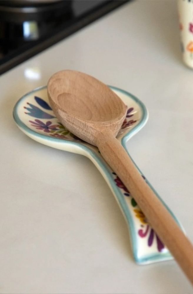 Spoon Rest Cream Folk Flower, Boho Kitchenware