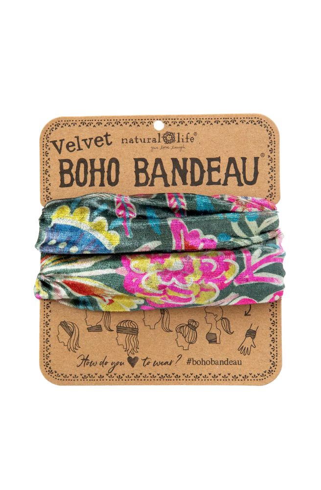 Boho Bandeau Velvet Green Lined Floral, Stretch Knit Headband