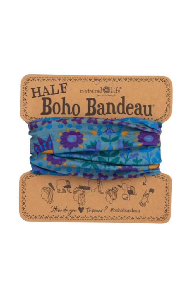 boho bandeau stretch knit headband blue colour floral print