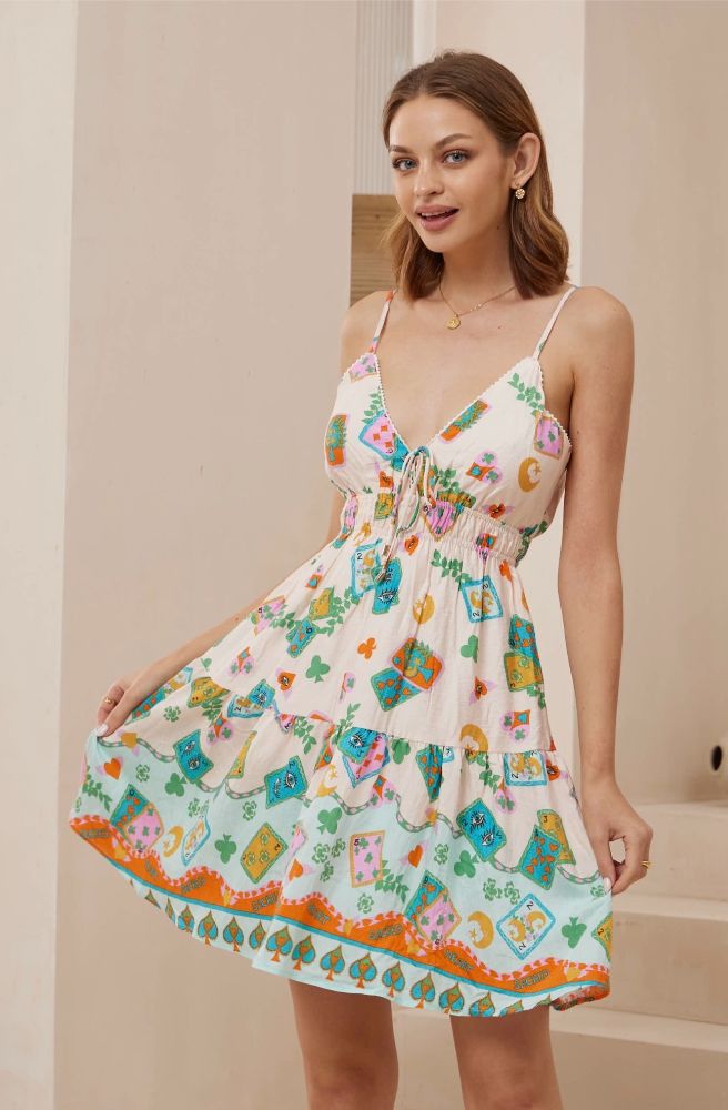 Queen of Cards Strappy Mini Dress, Retro Print Multi Coloured