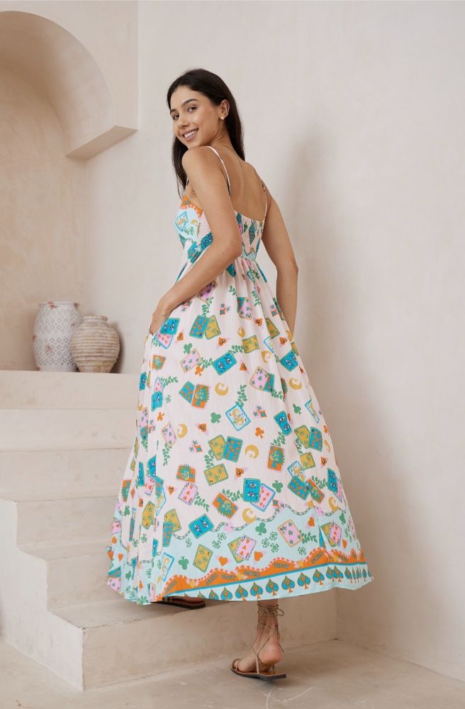 Queen of Cards Maxi Dress, Shirred Back Rear View