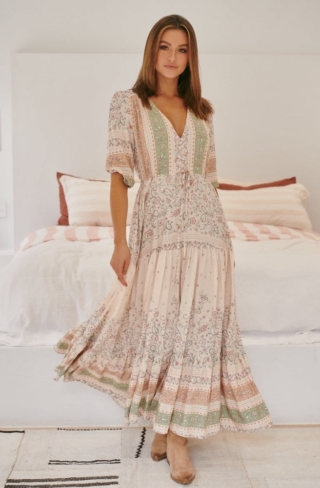 Jaase Mist Flower Print Tessa Maxi Dress, Boho Style