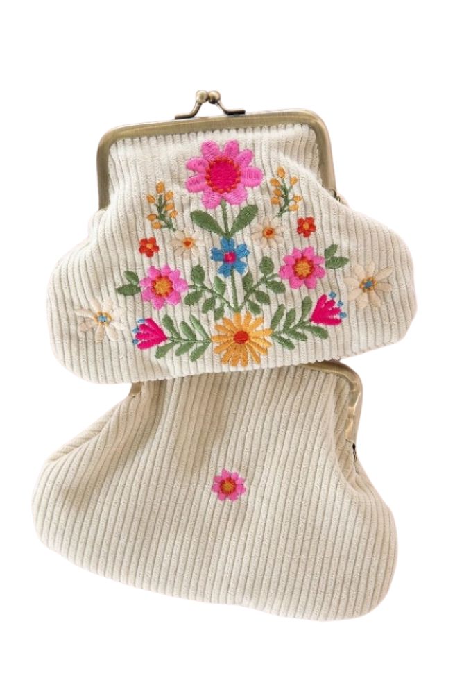 Kisslock Coin Purse Cream Folk Flower, Boho Retro Style