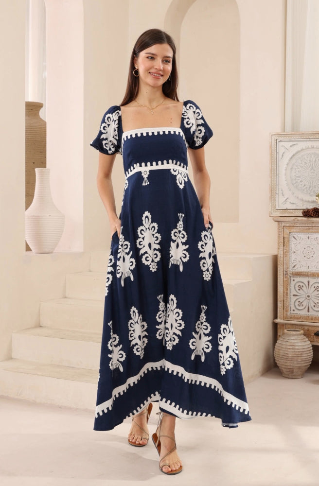 Navy Nero Bella Maxi Dress - Puff Sleeves