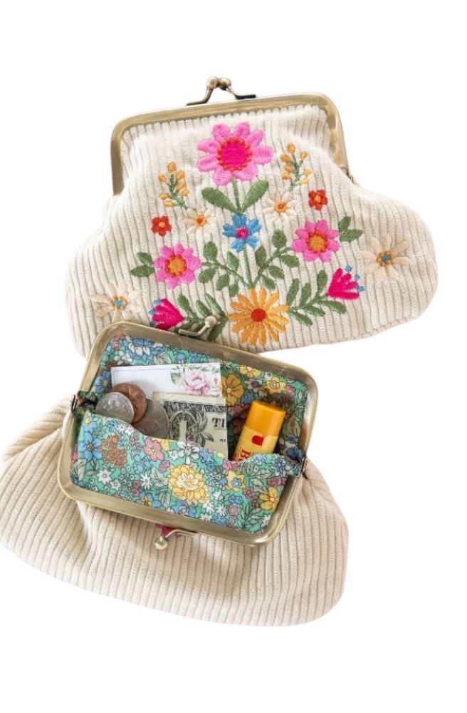 Kisslock Coin Purse Cream Folk Flower, Floral Embroidery