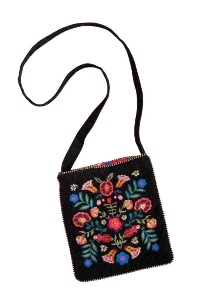 Crossbody Black Folk Flower Bag, Boho Style Embroidered