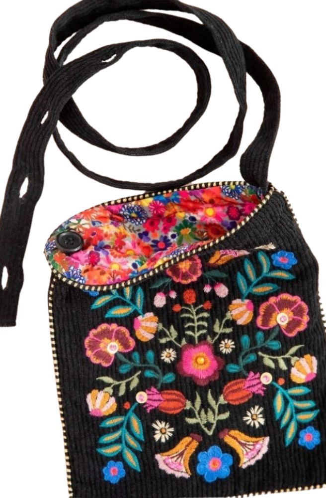 Crossbody Black Folk Flower Bag, Adjustable Strap