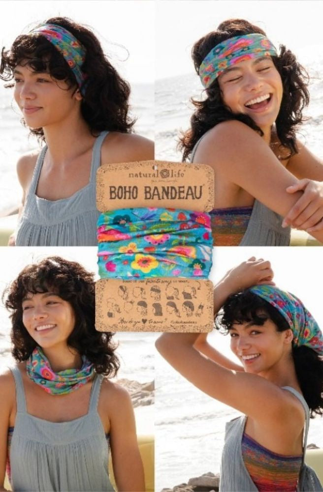 Boho Bandeau Teal Folk Flower, Stretch Knit Headband