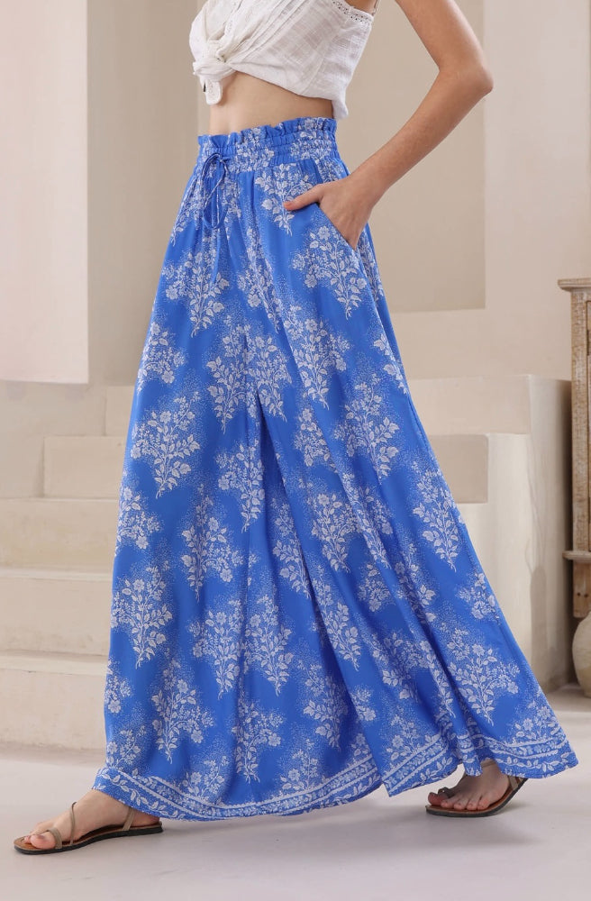 Blue Sabela Maxi Pants, Wide Leg High Waisted