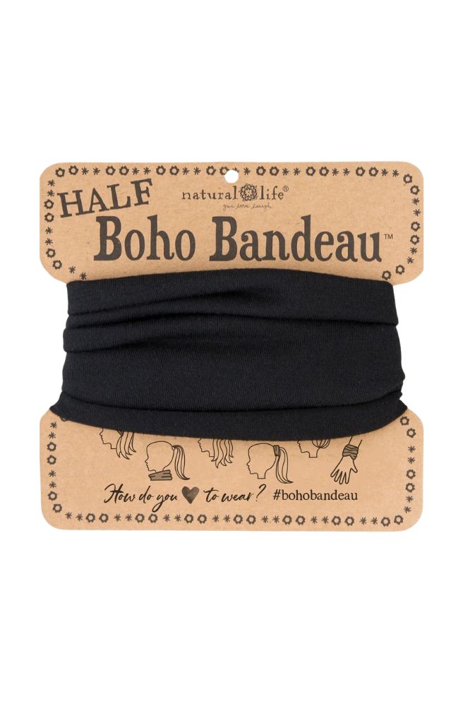 Boho Bandeau Half Solid Black, Stretch Knit Headband