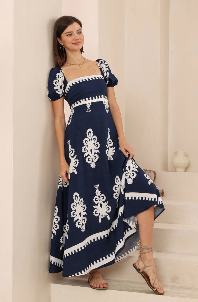 Navy Nero Bella Maxi Dress - Puff Sleeves, Boho Style 