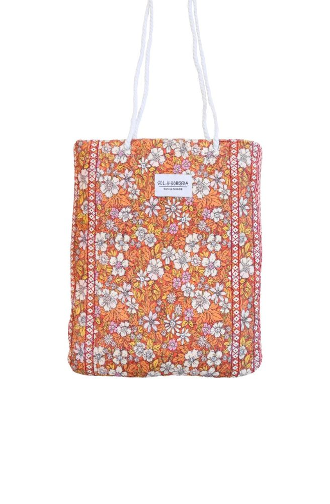 Retro Towel & Bag, 70s Floral Print Built in Tote Storage Bag