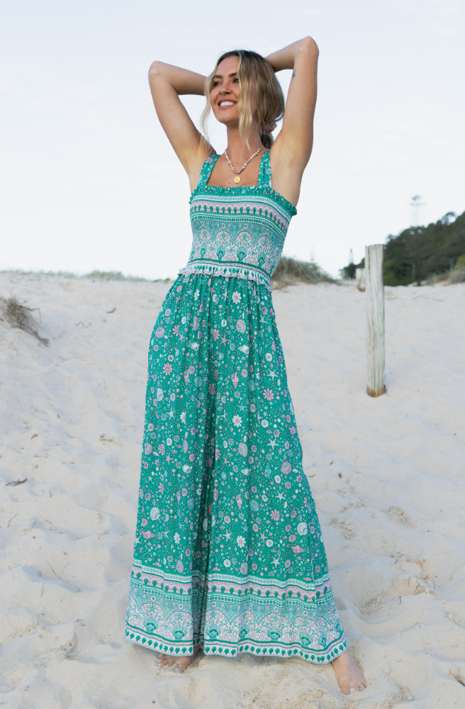 Lushly Friday Pantsuit, Teal Seashell Blossom Print