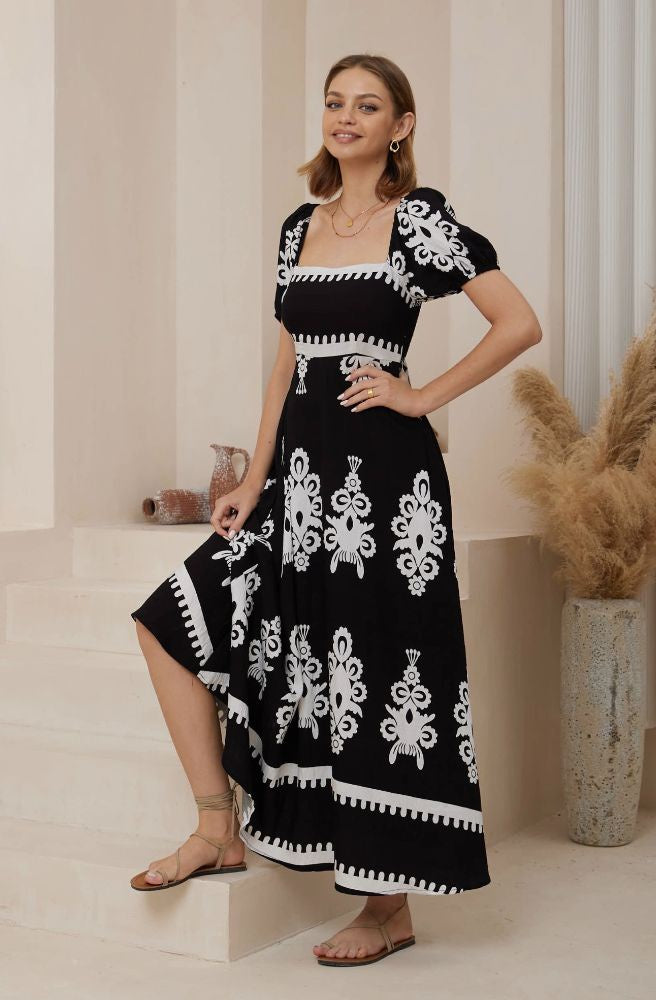 Bella Bianco Nero Maxi Dress, Boho Chic Style