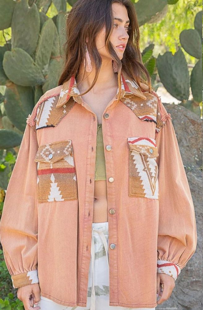 Aztec Denim Jacket Coral Colour, Cuffs Shoulders Pocket Ethnic Aztec Fabric 