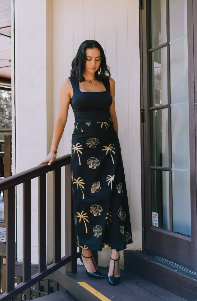 Chasing the Sun Wrap Skirt Black, Gold Metallic Motifs