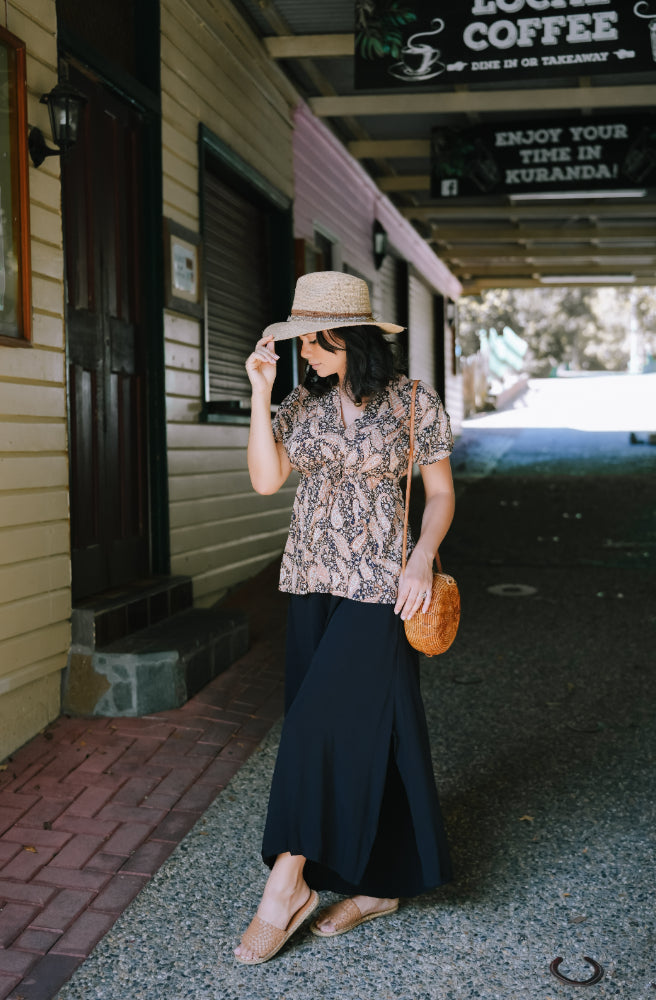 Black Paisley Fresh Top, V Neckline Front and Back