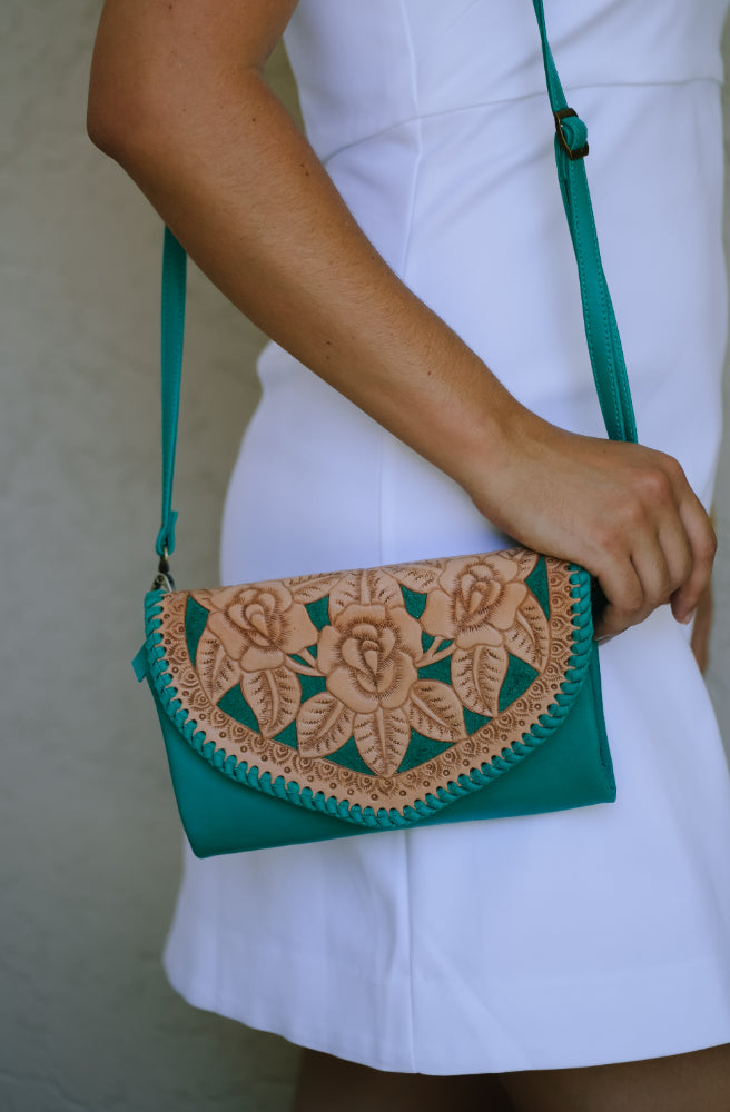 The Floral Etched Nomad Bag, Turquoise Colour Boho Leather Style