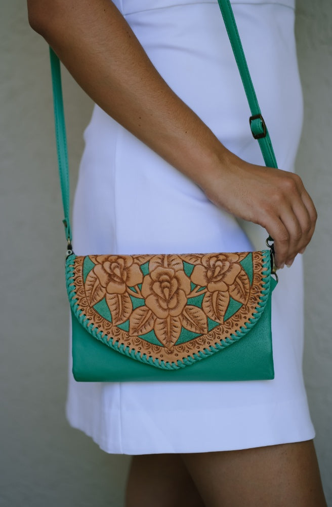 The Floral Etched Nomad Bag, Teal Colour Boho Leather Style