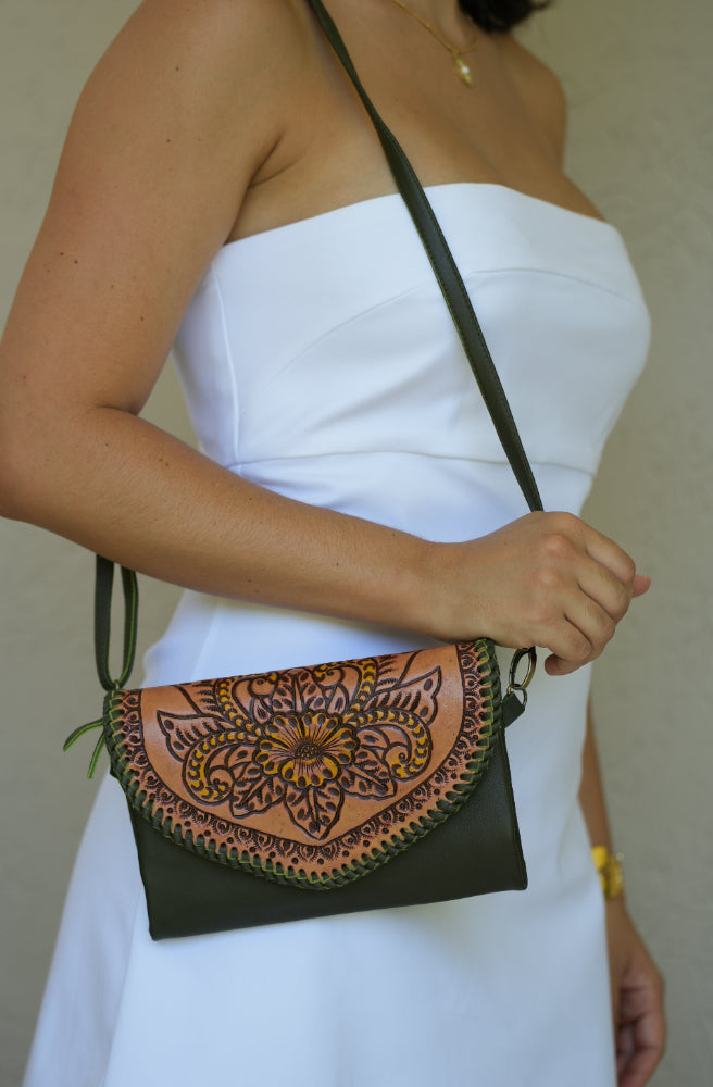 Bloom Haven Bag, Boho Style Hand Carved Leather Handbag Clutch Dark Green Colour