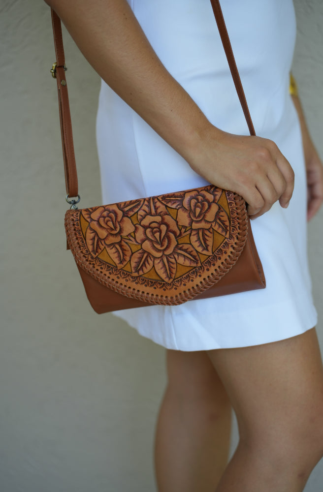 The Floral Etched Nomad Bag, Dark Tan Boho Leather Style