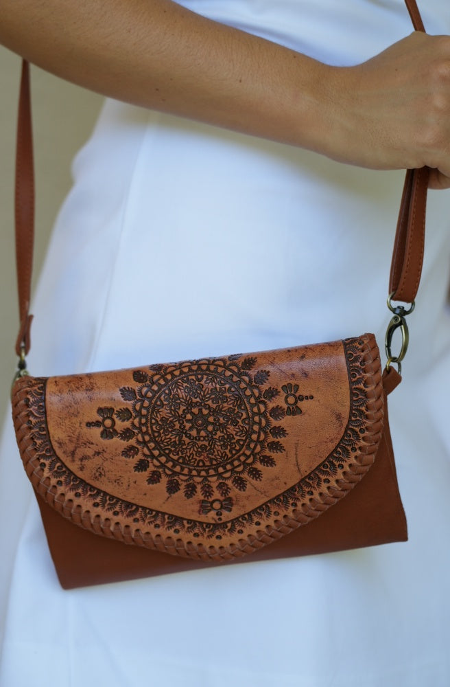 Celestial Compass Bag, Brown Tan Colour Hand Carved Leather Handbag Clutch