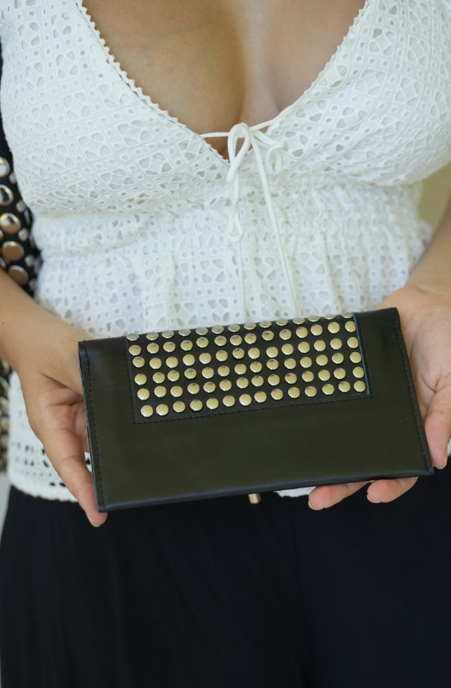 Stud Chic Wallet, Boho Style Leather Clutch Black Colour