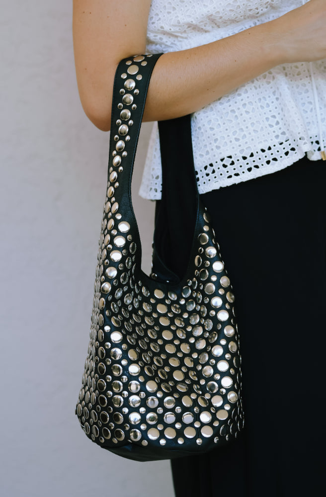 Silver Rebel Bag, Silver Studded Handbag Black Colour