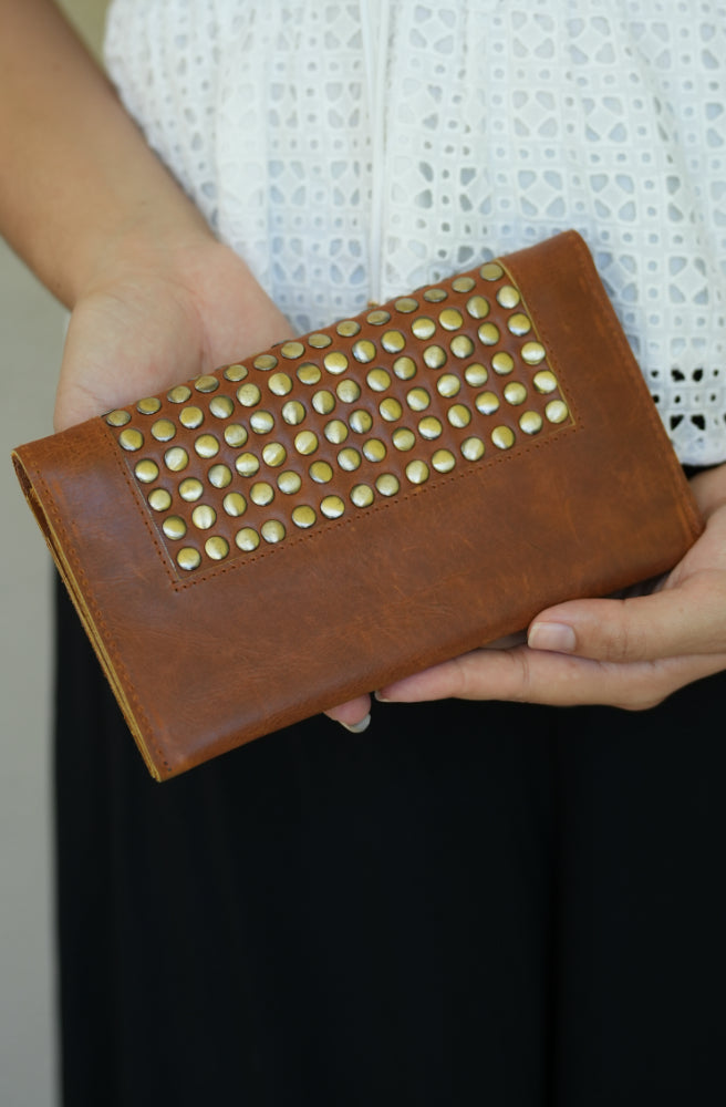 Stud Chic Wallet, Boho Style Leather Clutch Tan Colour