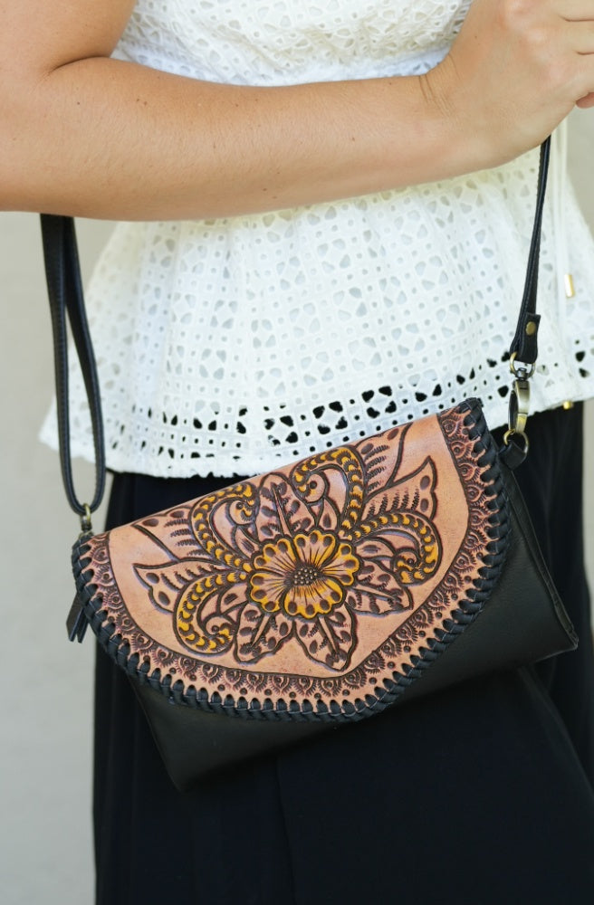 Bloom Haven Bag, Boho Style Hand Carved Leather Handbag Clutch Black Colour