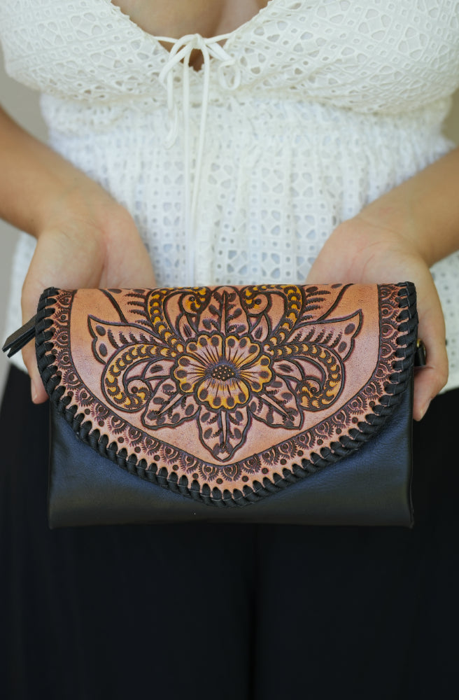 Bloom Haven Bag, Boho Style Handbag Clutch Hand Carved Leather