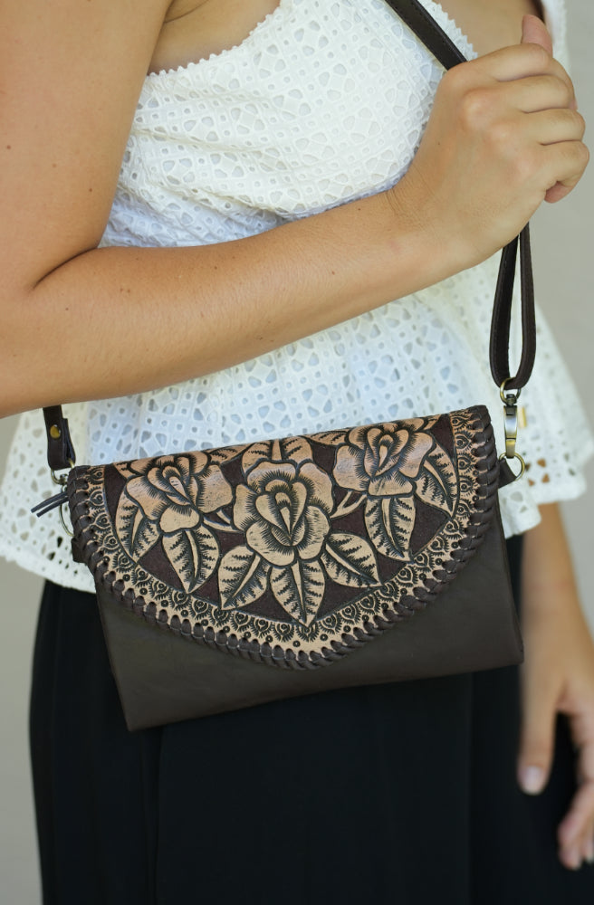 The Floral Etched Nomad Bag, Black Grey Colour Boho Leather Style